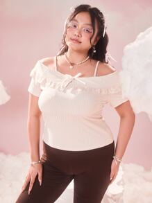 ROMWE Kawaii Áo thun Plus size Nơ Bướm Tương phản ren Xù Gân đan màu trơn Giải trí - Màu be - Xem 3