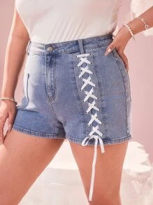 ROMWE Plus Lace Up Front Denim Shorts - Light Wash - View 2
