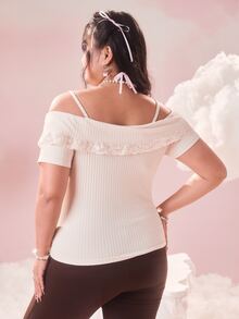 ROMWE Kawaii Áo thun Plus size Nơ Bướm Tương phản ren Xù Gân đan màu trơn Giải trí - Màu be - Xem 5