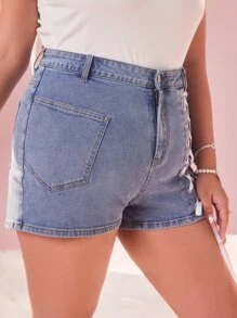 ROMWE Plus Lace Up Front Denim Shorts - Light Wash - View 4