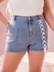 ROMWE Plus Lace Up Front Denim Shorts - Light Wash - View 5