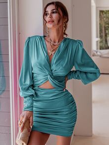 Glamaker Twist Front Cut Out Ruched Bodycon Dress - Cadet Blue - View 3