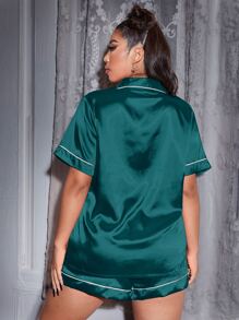 LuxeNights Plus Contrast Piping Pocket Patched Satin PJ Set / Pajama Set