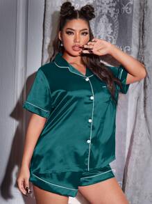 LuxeNights Plus Contrast Piping Pocket Patched Satin PJ Set / Pajama Set