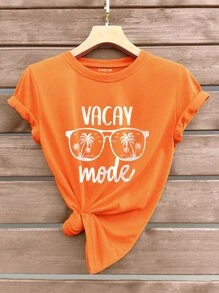 SHEIN LUNE Glasses And Slogan Graphic Tee - Orange - View 1