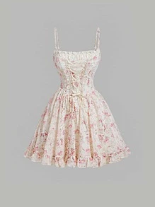 SHEIN MOD Floral Print Lace Up Front Ruffle Hem Cami Dress - Apricot - View 1