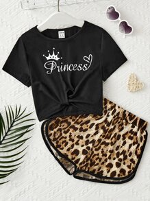 SHEIN 女孩字母圖案T恤和豹紋印花短褲 - 彩色 - 查看 1