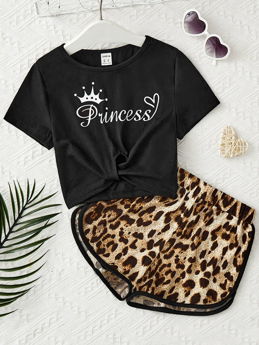 SHEIN 女孩字母圖案T恤和豹紋印花短褲 - 彩色 - 查看 1
