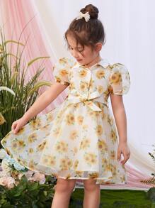 SHEIN Leap Crew 小女童印花泡泡袖腰帶歐根紗覆蓋洋裝