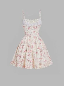 SHEIN MOD Floral Print Lace Up Front Ruffle Hem Cami Dress - Apricot - View 11