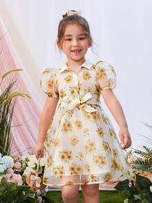 SHEIN Leap Crew 小女童印花泡泡袖腰帶歐根紗覆蓋洋裝