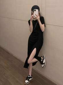 Solid Ruched Slit Hem Dress - Black - View 1
