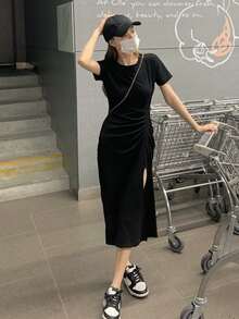 Solid Ruched Slit Hem Dress - Black - View 3