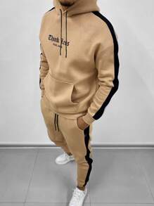 Manfinity Homme Men Letter Graphic Kangaroo Pocket Drawstring Hoodie & Joggers - Khaki - View 1