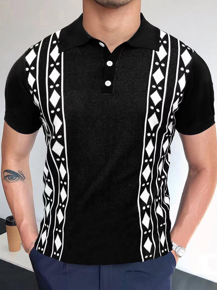 Manfinity Hombres Top de punto con patrón geométrico de cuello polo