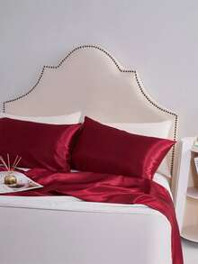 1入組滌綸枕頭簡約緞面抱枕套 - 酒紅色 - 查看 3