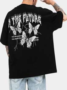 Manfinity LEGND Men T-Shirts Fit Crew Neck Short Sleeve Graphic Tee Butterfly Street Summer Polyester - Black - View 1