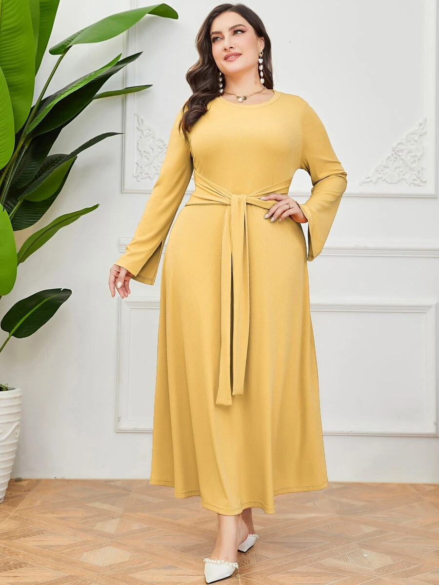 Mulvari Vestido con cinturón unicolor - Amarillo - Ver 1