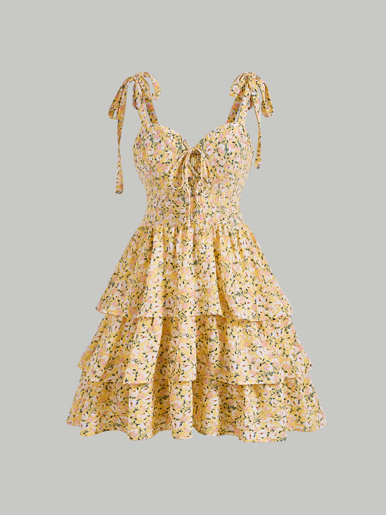 SHEIN MOD 小碎花前繫帶多層吊帶連衣裙 - 彩色 - 查看 1