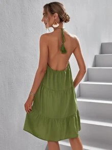 SHEIN VCAY Guipure Lace Panel Ruffle Hem Halter Dress - Olive Green - View 2