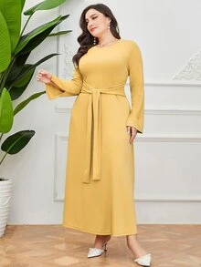 Mulvari Vestido con cinturón unicolor - Amarillo - Ver 4