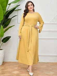 Mulvari Vestido con cinturón unicolor - Amarillo - Ver 5