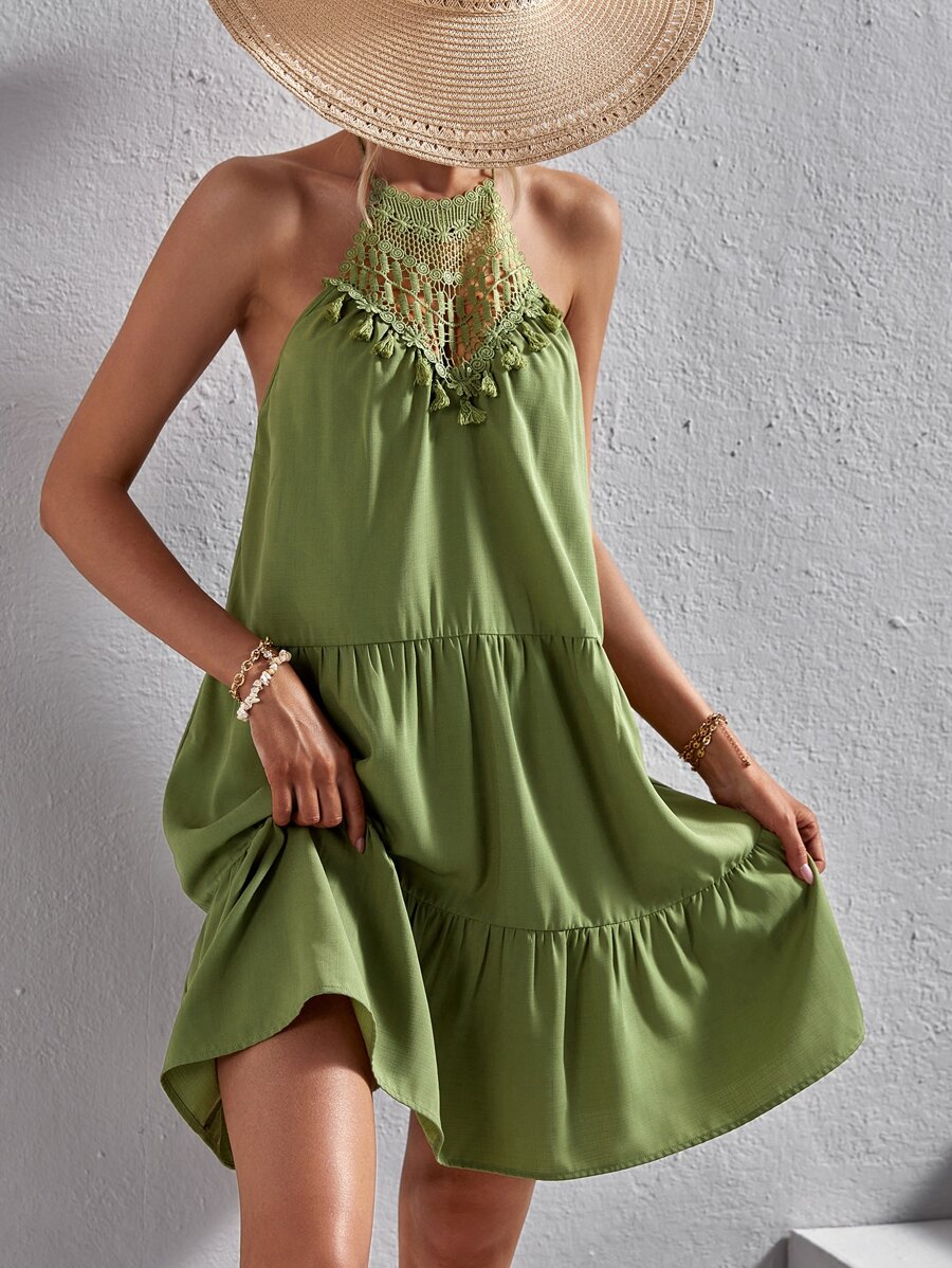 SHEIN VCAY Guipure Lace Panel Ruffle Hem Halter Dress - Olive Green - View 1