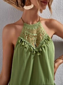 SHEIN VCAY Guipure Lace Panel Ruffle Hem Halter Dress - Olive Green - View 5