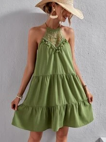 SHEIN VCAY Guipure Lace Panel Ruffle Hem Halter Dress - Olive Green - View 6