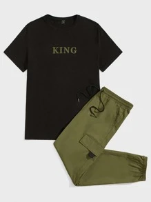Manfinity VCAY Ensemble d'été pour hommes composé d'un t-shirt avec graphique de lettres et d'un pantalon à taille ajustable par cordon de serrage