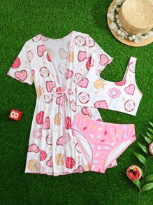 Tween Girl Donuts Print Bikini Set With Kimono Summer Beach - Multicolor - View 1