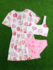 Tween Girl Donuts Print Bikini Set With Kimono Summer Beach - Multicolor - View 2