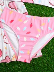Tween Girl Donuts Print Bikini Set With Kimono Summer Beach - Multicolor - View 3