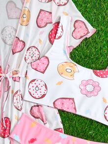 Tween Girl Donuts Print Bikini Set With Kimono Summer Beach - Multicolor - View 4