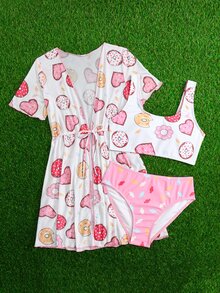Tween Girl Donuts Print Bikini Set With Kimono Summer Beach - Multicolor - View 5