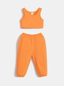 SHEIN Cotton Baby Solid Tank Top & Joggers - Orange - View 1