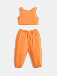 SHEIN Cotton Baby Solid Tank Top & Joggers - Orange - View 2