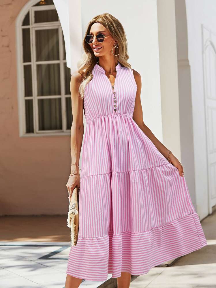 SHEIN Holidaya Robe à rayures à bouton à volants - Rose bonbon - Voir 5