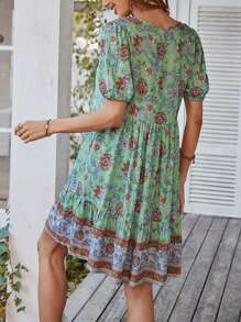 SHEIN LUNE Vestido smock con estampado floral de cuello con cordón bajo con fruncido - Verde - Ver 2