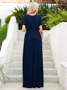 DEARCASE Solid Hidden Pocket Maxi A-line Dress - Navy Blue - View 2