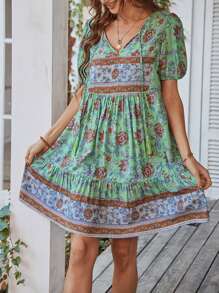 SHEIN LUNE Vestido smock con estampado floral de cuello con cordón bajo con fruncido - Verde - Ver 5
