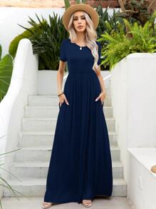 DEARCASE Solid Hidden Pocket Maxi A-line Dress - Navy Blue - View 3