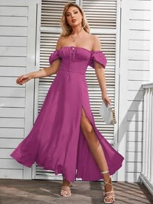 PARTHEA 一字肩前繫帶高衩連衣裙 - 紫色 - 查看 1