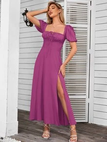 PARTHEA 一字肩前繫帶高衩連衣裙 - 紫色 - 查看 4