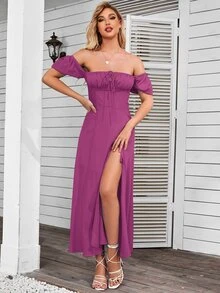 PARTHEA 一字肩前繫帶高衩連衣裙 - 紫色 - 查看 7