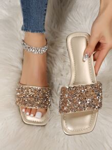 女式單帶平底涼鞋亮片時尚戶外拖鞋 - 金色 - 查看 1