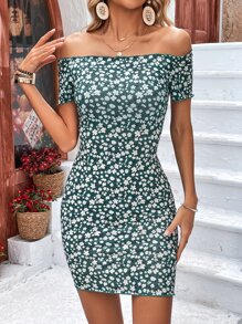 SHEIN VCAY 碎花一字肩緊身連衣裙 - 墨綠色 - 查看 7