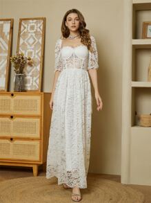 Sweetheart Neck Puff Sleeve Lace Overlay Dress - White - View 1