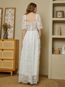 Sweetheart Neck Puff Sleeve Lace Overlay Dress - White - View 2
