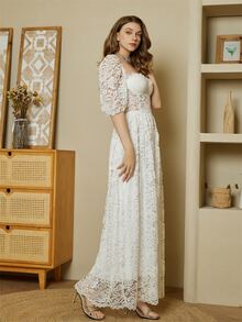 Sweetheart Neck Puff Sleeve Lace Overlay Dress - White - View 3